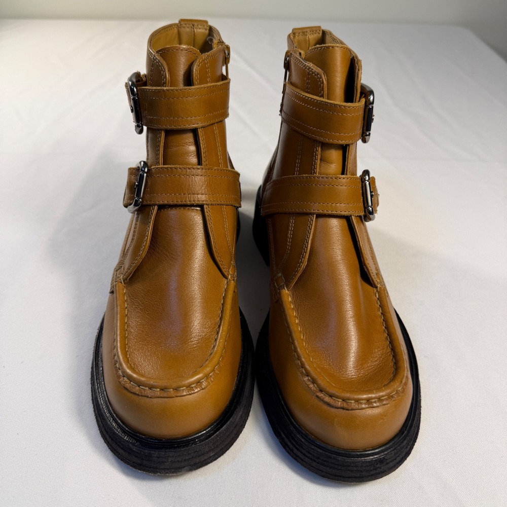 Free People Tan Leather Double Buckle Moc Toe Ankle Boots Brown 8.5 0004435728 - Picture 2 of 8